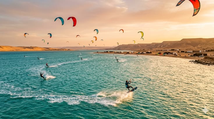 Kite surfers glide across the Dead Sea at sunset, with vibrant colors reflecting on the water's surface.