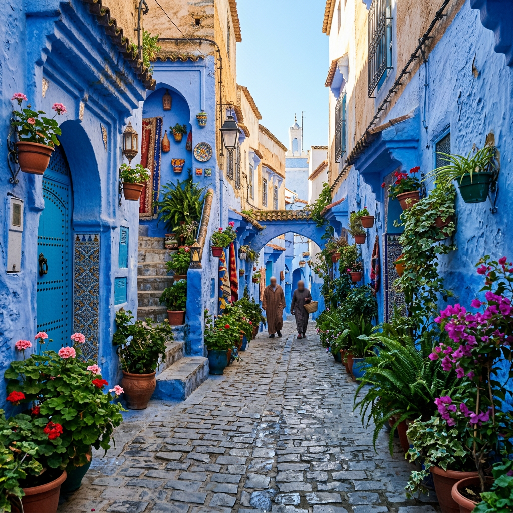 Blue-painted narrow street with cobblestones, potted plants, and two people walking